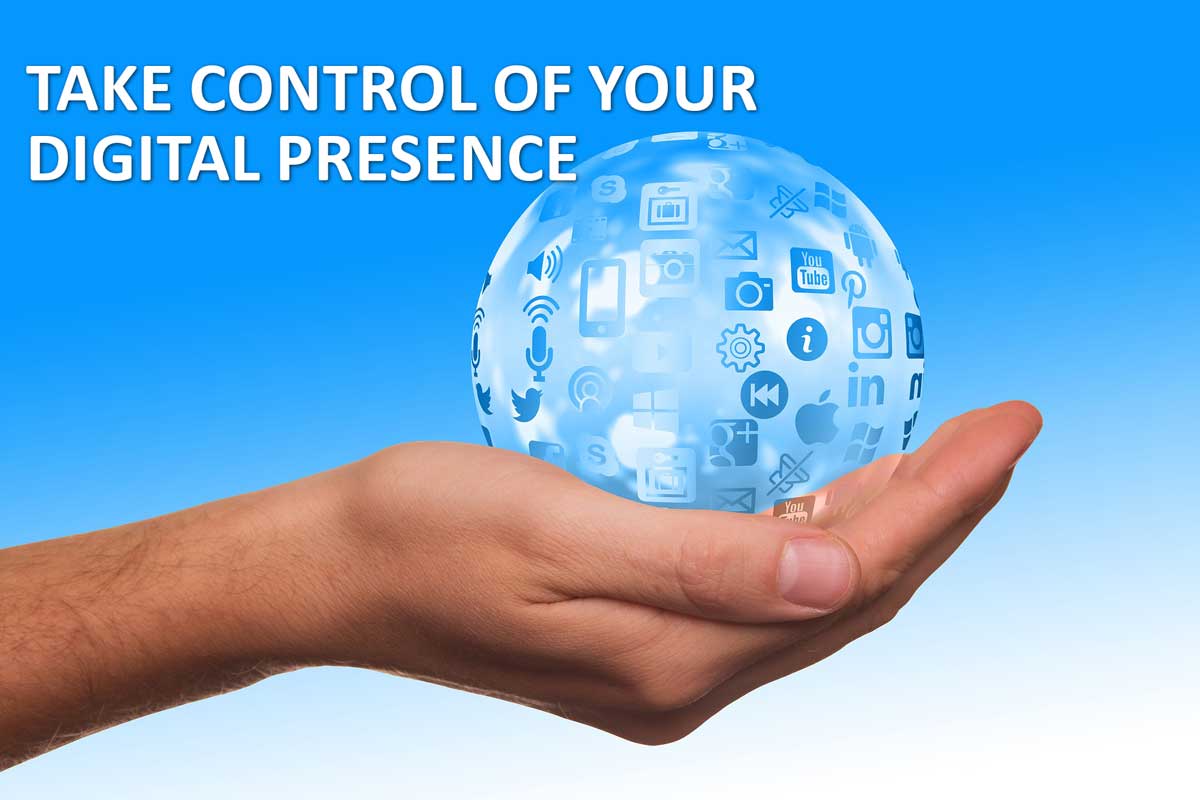 Digital Presence graphic of hand holding networking globe